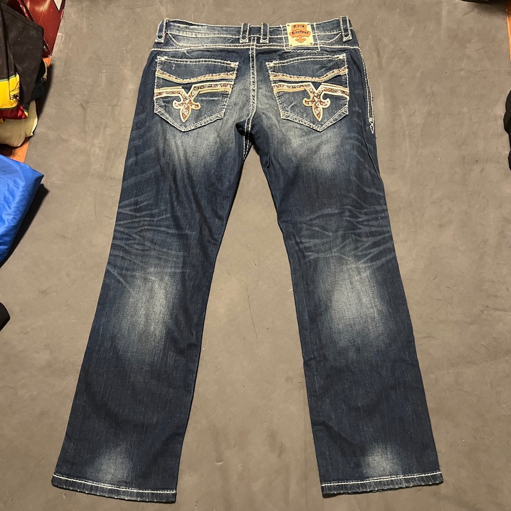 Rock Revival Cael Straight Jeans Men's Size 38x33 Blue Embellished Thick Stitch